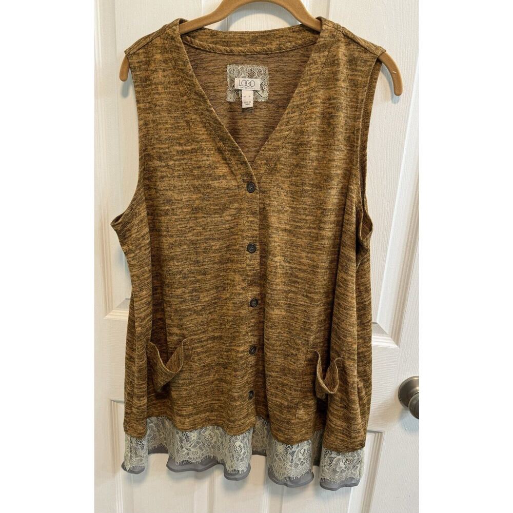 Logo By Lori Goldstein XL Gold Button Vest Gray Lace Sheer Hem Pockets New